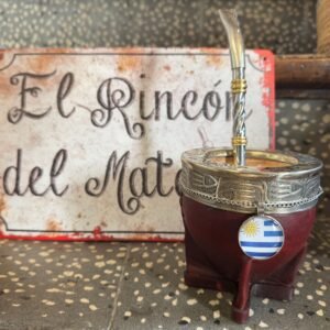 Mate imperial de calabaza forrado en cuero de virola labrada de alpaca personalizado Uruguay