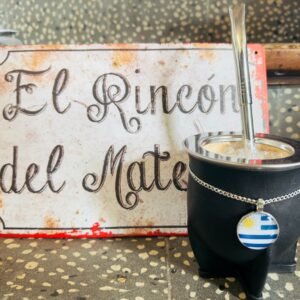 Mate camionero de calabaza forrado en cuero con virola de acero inoxidable personalizado Uruguay