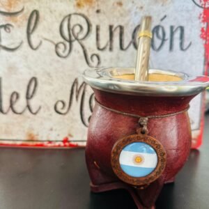 Mate camionero de calabaza forrado en cuero con virola de aluminio personalizado Argentina